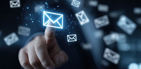 Close-up of a hand touching an illuminated email icon, with several other email icons blurred in the background