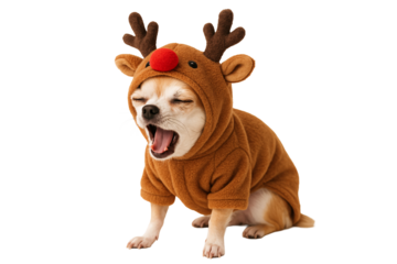 Dog dressed as Rudolph the red-nosed reindeer on a transparent background. Christmas photoshoot. Pet.