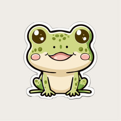 Fototapeta premium Cute green frog sitting and smiling cheerfully on a white surface, showcasing its big eyes and pink cheeks in a playful and endearing style.