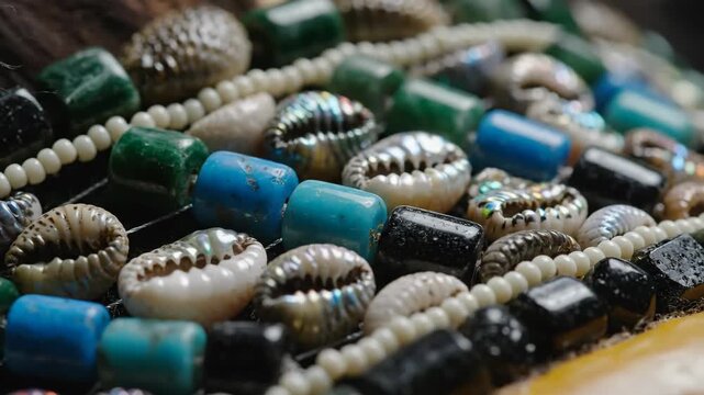 Close-Up of Cowrie Shells, Beads, and Jewelry in Natural Light on Dark Background