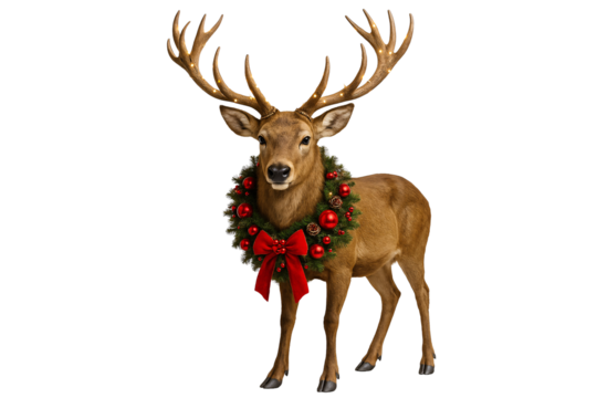 Festive deer with wreath on a transparent background. Christmas. New Year decoration. - Powered by Adobe