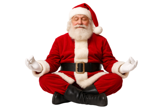 Santa in meditation pose on a transparent background. Christmas. Harmony and peace.