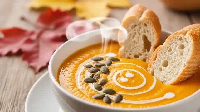 Creamy pumpkin soup garnished with seeds and bread, set on a rustic wooden table with autumn leaves