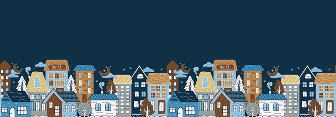 A winter composition,  pattern of houses, snow tree, star. flat design, cartoon style.  A fashionable hand-drawn illustration. for print, paper, childrens wallpaper. art cute illustration.