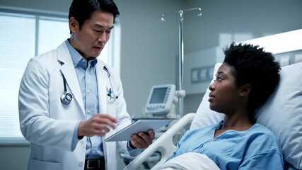 A doctor in a white coat consults a patient in the hospital with a focus on the patient and a professional demeanor. The doctor uses a tablet for patient care in the hospital setti - Powered by Adobe