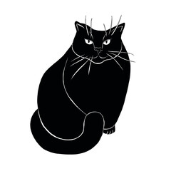 Vector illustration of a black cat. Minimalist silhouette design with elegant lines, cute feline sitting pose, modern artwork for print, decor, tattoo, pet logo, Halloween, animal lover design