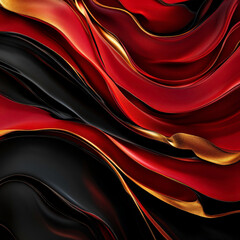 A red and black abstract painting with gold accents. The painting is full of curves and swirls, giving it a sense of movement and energy. The gold accents add a touch of luxury