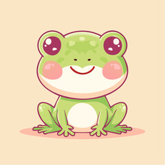 Obraz premium Cute green frog sitting on beige surface with pink cheeks and big eyes, showcasing a playful and cheerful mood.