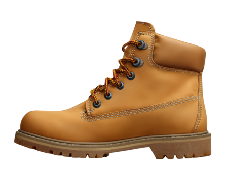 Classic tan leather winter work boot with rugged feel, this fashion footwear element good for outdoor adventure. durable shoe isolated on transparent background