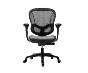 Classic black mesh office chair with contoured back and padded seat, isolated on transparent background