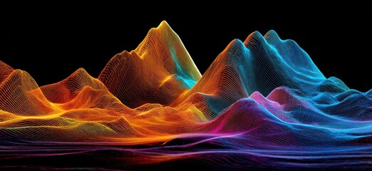Abstract depiction of a mountainous landscape, formed with lines, gradients, and vibrant colors against a black background