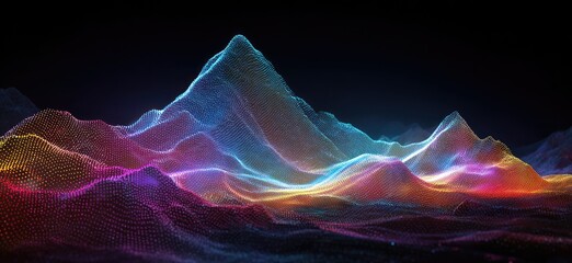 A digital landscape shows mountains comprised of colorful pixels. A gradient colors the peaks and valleys