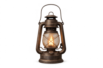 Vintage rusty oil lantern with burning flame