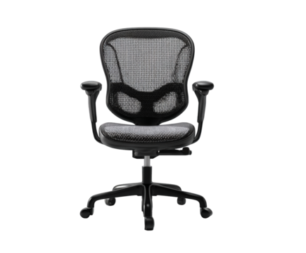 Classic black mesh office chair with contoured back and padded seat, isolated on transparent background