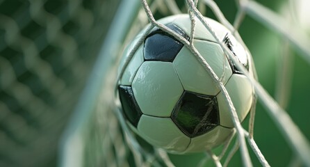 Soccer ball inside the goal net, close up with focus on ball and partial net details