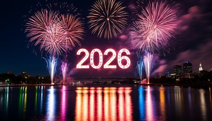 2026 digital numbers with fireworks exploding over a cityscape and water, celebrating new year and future