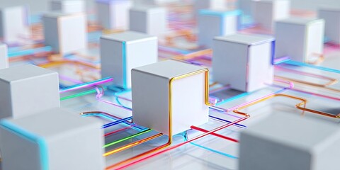 3D illustration featuring white cubes connected by vibrant colored lines on a smooth surface