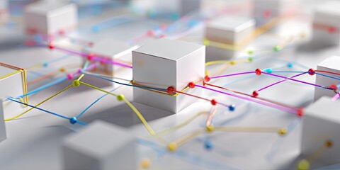 Abstract rendering of white cubes interconnected by colored lines and small spheres against a white background