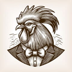 rooster dressed in formal suit with bow tie, symbolizing humor, creativity, and anthropomorphism sketch engraving generative ai vector illustration. Scratch board imitation. Black and white image.