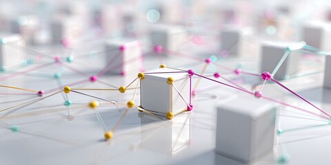 3D rendering of interconnected white cubes with colorful lines and nodes in a modern, abstract design