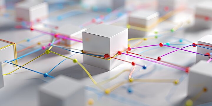 Abstract rendering of white cubes interconnected by colored lines and small spheres against a white background