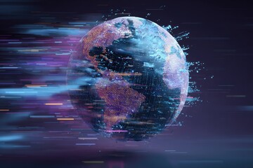 Digital globe with data streams, futuristic concept on a dark background, emphasizing global connectivity