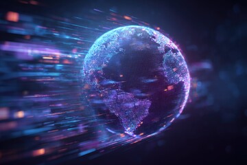 Digital rendering of the Earth surrounded by vibrant lines representing data and global connectivity