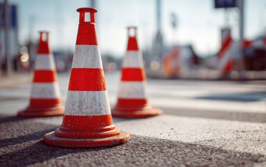 Three orange and white striped traffic cones on an asphalt street, signaling a work zone