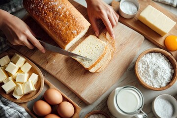 A loaf of bread being sliced on a wooden board surrounded by baking ingredients