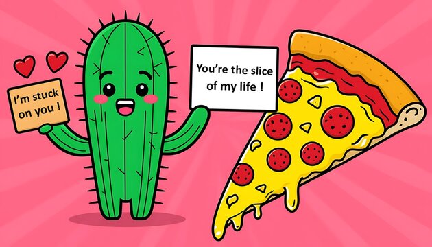 Cartoon cactus and pizza slice sharing love messages for Valentine's Day, illustrating romantic puns and affection