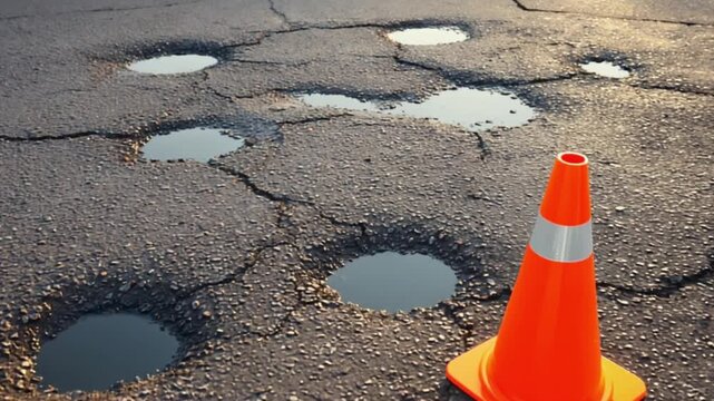 A bright orange traffic cone is positioned next to a puddle in a pothole on a textured road surface