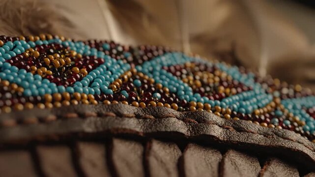 Up Close View of a Beaded Native American Headdress With Feathers