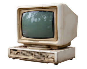 Old vintage retro computer monitor object. This piece of dirty, abandoned technology, an isolated screen, evokes sense of forgotten nostalgia and decay from past era