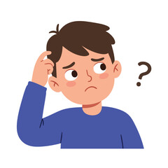 a child scratching their head with one finger, tilting their head slightly with a puzzled look and a slight frown.
