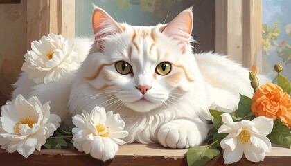 A Beautiful White Cat Surrounded by Flowers in a Natural Light Setting