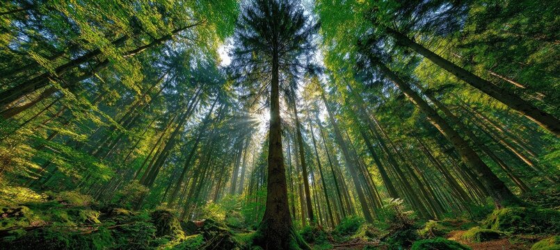 Lush forest canopy, sunlight filtering through tall trees (1)