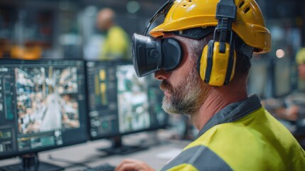 Medium shot of a professional using VR headset to monitor supply chain logistics with digital dashboards and data overlays in sharp focus.