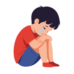 a child sitting with their head bowed, and a single large tear falling from their eye.