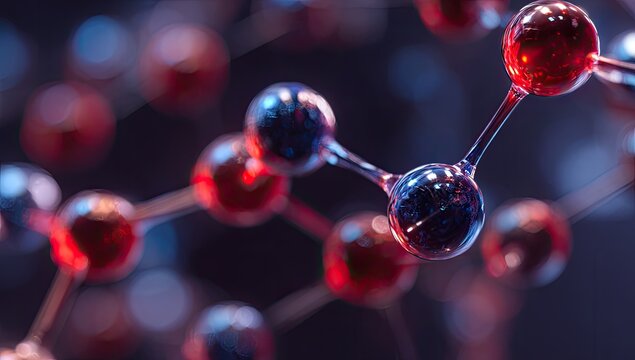 Close-up of a molecular structure, showcasing spheres linked by lines, with a dark background