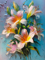 A realistic oil painting depicting a bouquet of lilies with voluminous petals painted with a palette knife.