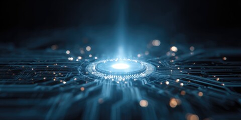 Futuristic digital artwork showing a glowing central core surrounded by circuit board details