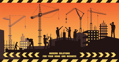 Construction site. Tower cranes black silhouette. Engineers working. City infrastructure background. Workers team. Building development. Gradient sunset. Striped frame. Vector tidy cityscape design