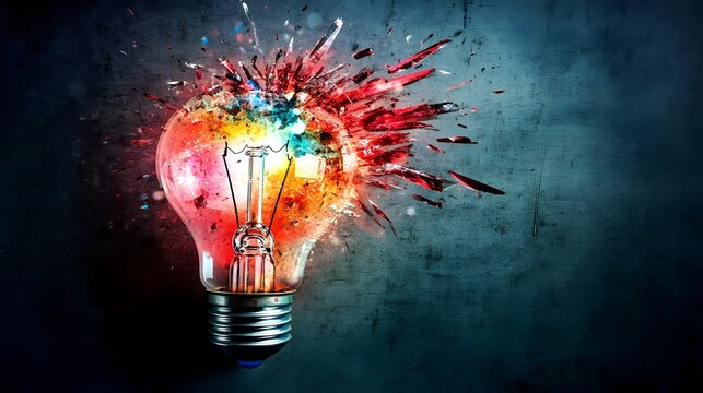 Exploding Light Bulb Abstract Art, Colorful Shattered Glass Design