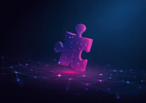 A digital puzzle piece glows amid a connected network of neon lights