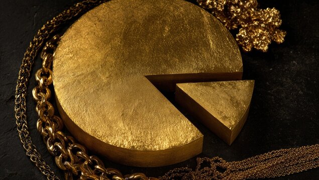 A golden pie chart with a slice removed, surrounded by gold chains and clusters, on a dark surface