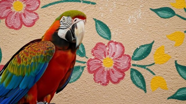 A vibrant parrot stands in front of floral wall art.