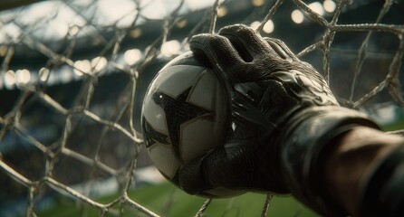 Close-up of gloved hand firmly gripping a soccer ball inside a net, focused on the game