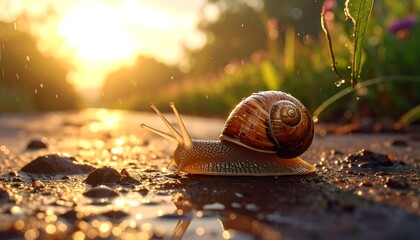 A Close-up of a Snail on the Wet Ground in the Golden Hour Light