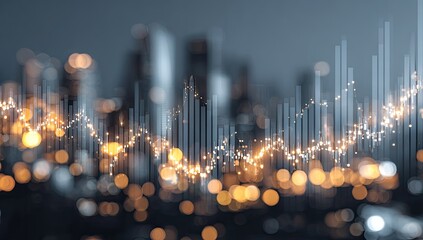 Abstract financial illustration, featuring city lights blurred, with graphic bars and digital flares overlaid
