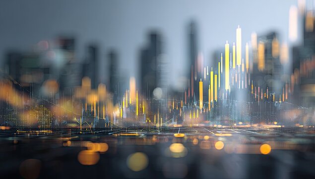 Abstract cityscape with financial data overlayed, suggesting economic trends and growth - Powered by Adobe